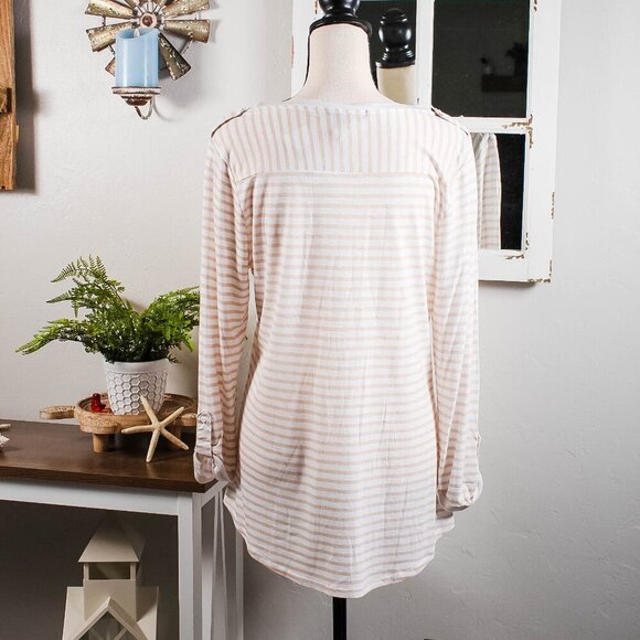 89th & Madison Striped Henley Tunic Top NWT XL - Ivory/Tan - Picture 2 of 6